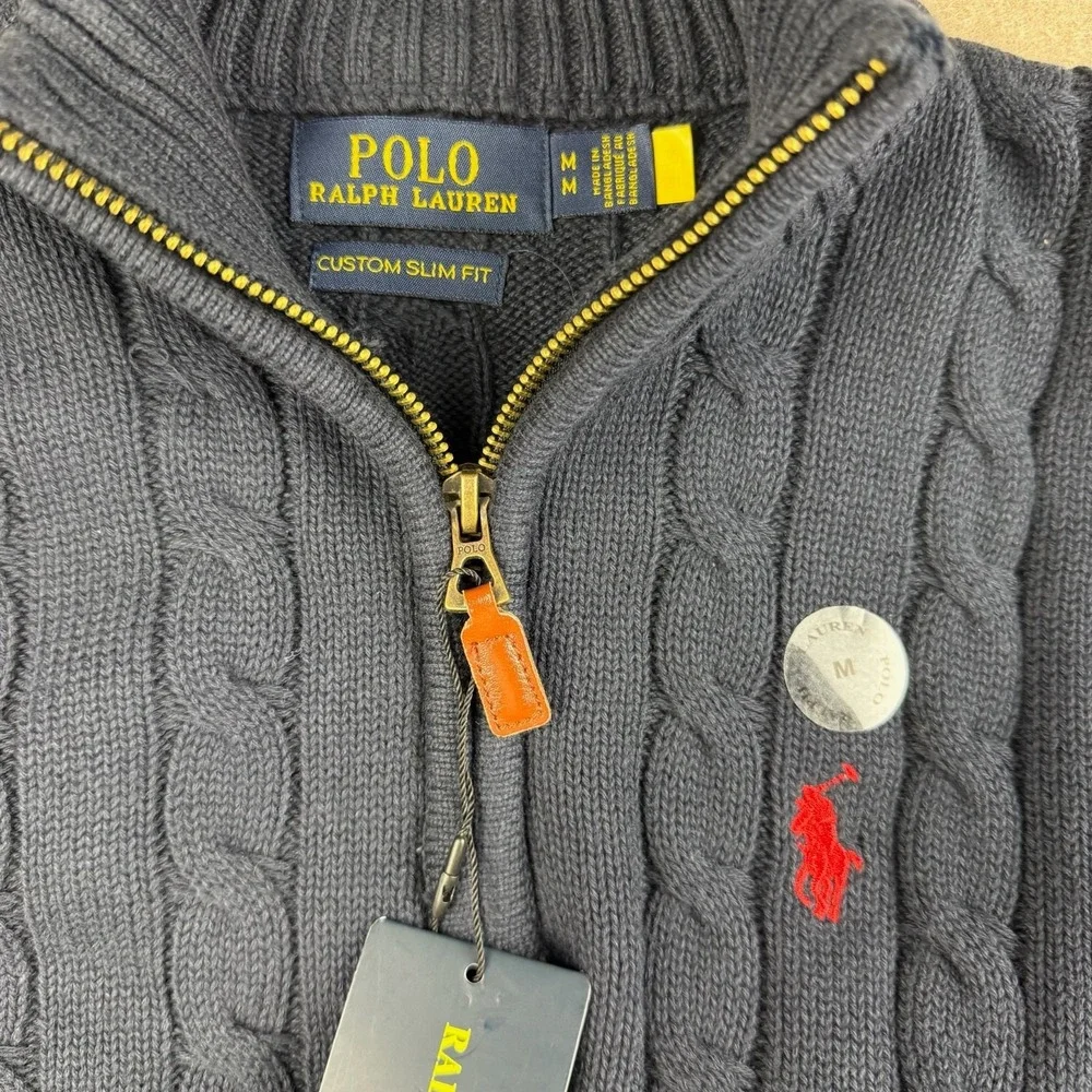 Polo Ralph Lauren‎ Sweater Mens M Custom Slim Fit Dark Blue Cable Knit 1/4 Zip